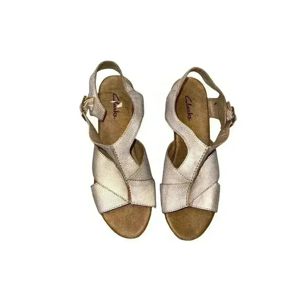 Clarks Women's 9 M Platform Sandals Leather Gold Cork Slingback Buckle - Picture 4 of 7